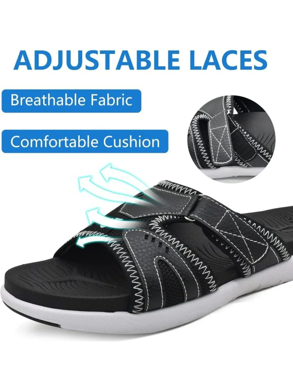 Men's Black Sport Recovery Sandals Plantar Fasciitis Soft Cushion Lightweight